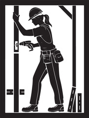 Woman construction worker drilling door frame vector