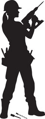 Woman worker with power tool and tools silhouette construction
