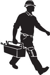 Worker carrying toolbox with tools hard hat