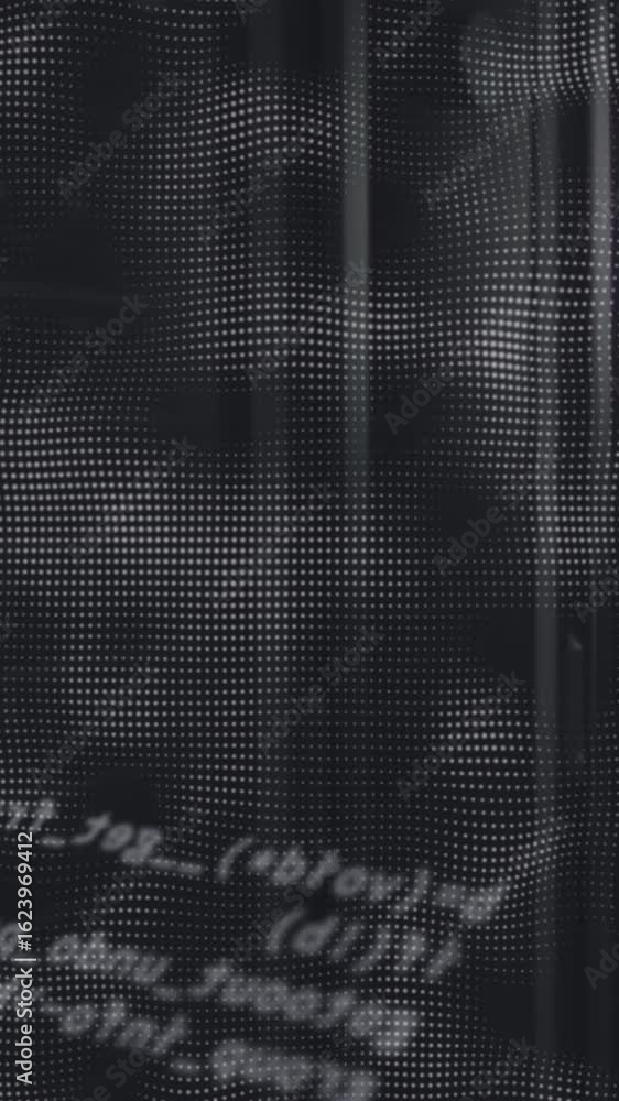 Poster animation of data processing and white shapes over server room