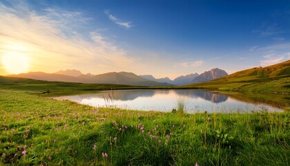Obraz premium a scenic landscape features a lake surrounded by grassy fields and distant mountains capturing the serene beauty and tranquility of nature at sunrise
