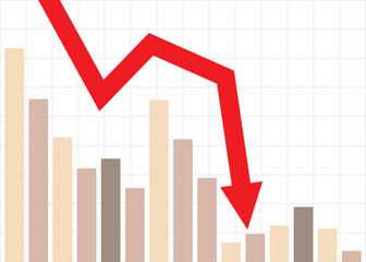 red arrow business with bars graph falling down symbolizing continuous and relentless financial loss over time