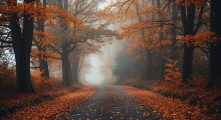 Obraz premium A winding road disappears into a misty autumn forest, with trees displaying vibrant orange and brown foliage, and fallen leaves covering the path.