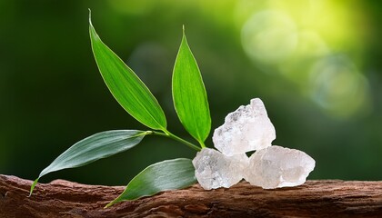 camphor crystals and branch green leaves on natural background