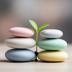 Fototapeta premium A young green sprout symbolizing new life and growth emerges between two balanced stacks of pastel-colored zen stones, representing harmony.