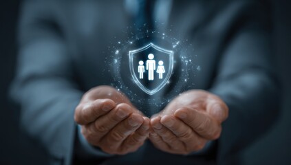 A person gently cradles a glowing shield emblem depicting a family, symbolizing protection, security, and the safeguarding of loved ones.