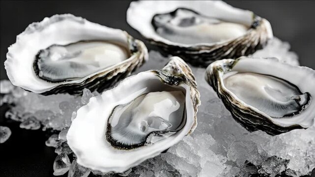 Close-up of fresh raw oysters on a bed of ice for consumption.