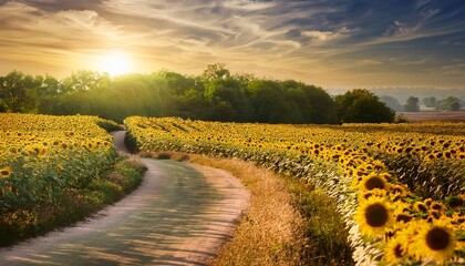 dreamy sunflower field journey winding path amid sunlit foliage in summer light