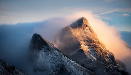 enigmatic mountain peak blanketed in mist with ethereal glow creating a magical and mystical atmosphere