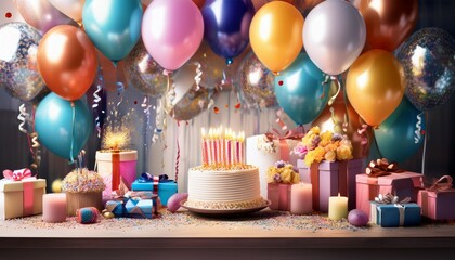 festive birthday decorations including balloons streamers and a cake birthday holiday