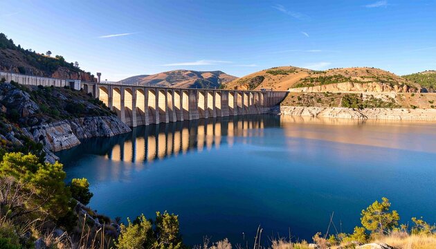 A majestic view of the dam impounding the calm waters of the reservoir, surrounded by a beautiful mountain landscape under a clear blue sky.&nbsp; Showcasing the beauty of harmonious civ,lake and mountains