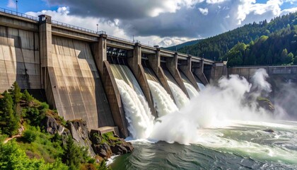 A majestic hydroelectric dam unleashes a torrent of water, creating a powerful spectacle of renewable energy and the controlled power of nature. A dramatic landscape of green mountain,