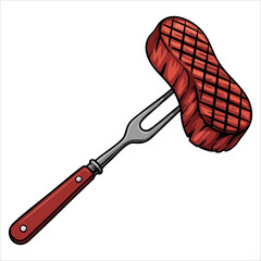 Vector illustration of fork with grilled steak isolated on white background. Ideal for culinary, food apps, dining, and meat related graphics.