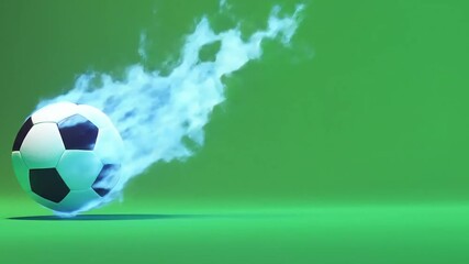 A dynamic soccer ball emitting blue flames, set against a vibrant green background, showcasing motion
