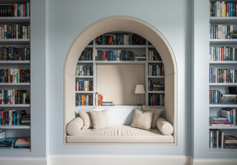 Cozy reading nook with arched alcove, soft cushions, and surrounding built-in bookshelves.