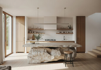 Modern kitchen with natural stone island, wood accents, and minimalist open shelving.