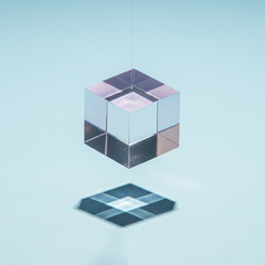 Obraz premium A minimalist 3D render of a transparent glass cube suspended in mid-air, casting a geometric shadow with light refraction on a clean blue background.