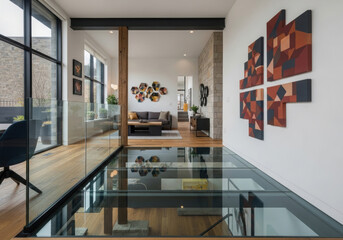 Contemporary living room with glass floor, abstract art, and large windows for natural light.