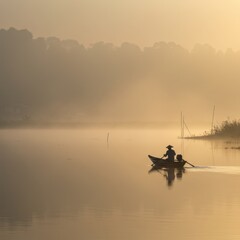 Solitary Fisherman on Misty Lake at Sunrise: A Golden Hour Serenity