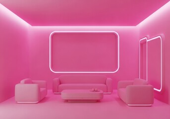 Futuristic pink living room with neon lighting and minimal, rounded furniture design.