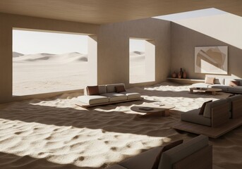 Desert-inspired living space with sand-covered floor, earthy tones, and open window views.