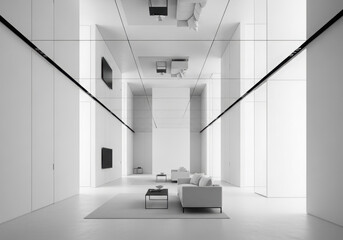 A stark, modern interior with a mirrored ceiling creating an illusion of infinite space.