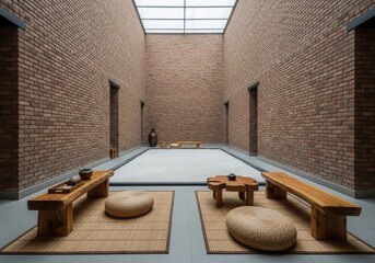 Zen-style interior with brick walls, wooden furniture, woven mats, and a central sand garden.