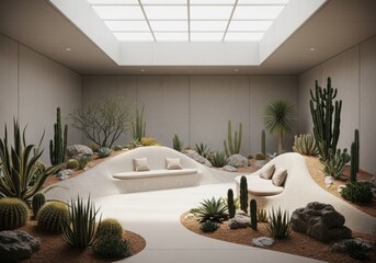 A minimalist interior with a serene indoor desert garden and integrated seating.