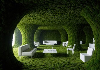 A surreal, conceptual space where lush green moss covers every surface with white furniture.