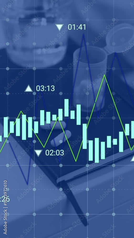 Poster animation of multiple graphs with changing numbers over water glass and capsules on book