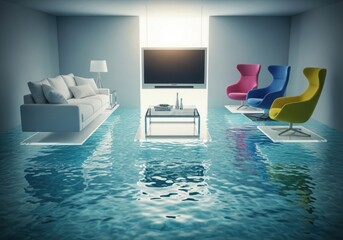A surreal room with floating furniture on platforms over a rippling pool of water.