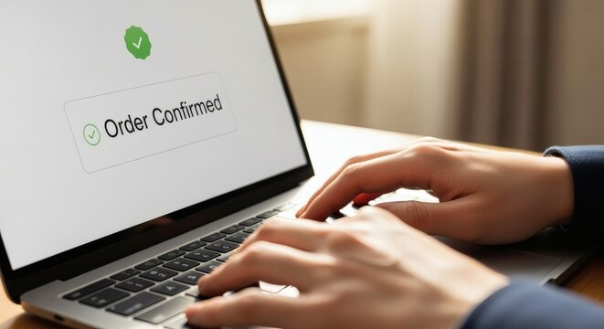A person's hands using a laptop, confirming an online order with a green checkmark.