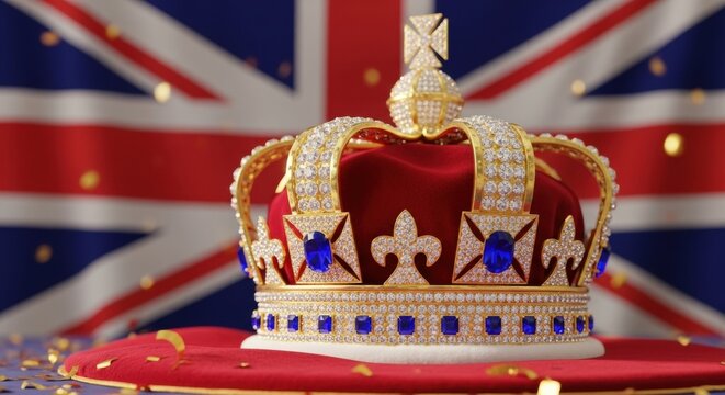 Royal Crown Jewels: Gold, Diamonds, and Sapphire Majesty on Union Jack Backdrop