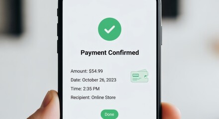 A person holds a smartphone showing a successful payment confirmation for an online store purchase.