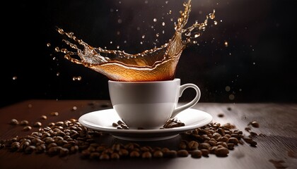 a dynamic moment captured as a coffee cup splashes and scatters droplets representing the energizing experience of coffee breaks and the joy found in everyday moments