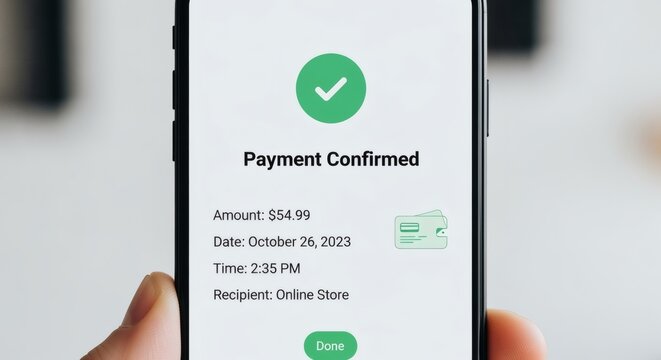 A person holds a smartphone showing a successful payment confirmation for an online store purchase.