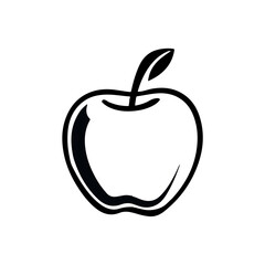 A simple black and white illustration of a ripe apple with a stem and leaf.