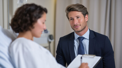Lawyer consulting injured patient in hospital room discussing legal rights and compensation under personal injury law.