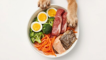 Organic raw dog food in a bowl with paws on edge
