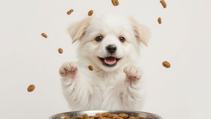 Playful white puppy jumps to catch falling kibbles with joy and energy