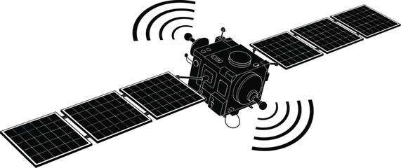 Vector art of a detailed illustration of a satellite in space, isolated on white background, showcasing its solar panels, antennas, and communication technology