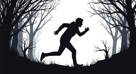 Vector art of a silhouette of a man running through a dark forest, isolated on white background, conveying themes of fitness, escape, or adventure