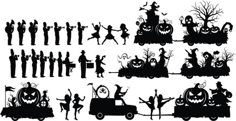 Vector art of a silhouette illustration of a halloween parade featuring a band, dancers, and floats with pumpkins, witches, and ghosts