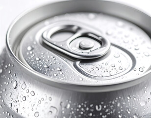 A close-up of a chilled silver aluminum beverage can covered in condensation droplets, focusing on the unopened pull-tab.