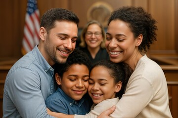 USA Adoption Celebration in Courtroom with Family Hugging and Smiling Parents and Children