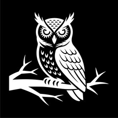 White owl illustration perched on a branch against a black background.
