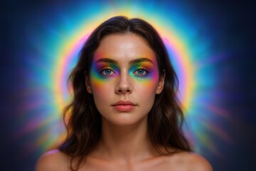 Fototapeta premium Rainbow Glow Surrounds Young Woman with Colorful Makeup in Studio Portrait Creating Mystical Aura