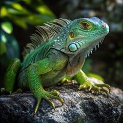 Obraz premium Green iguana perched on rock