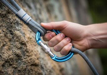 Close up of climber s hand gripping rope and carabiner
