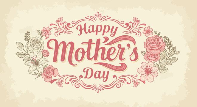 Vintage Floral Vector Illustration for Mother's Day Greeting Card with Elegant Pink and Beige Colors